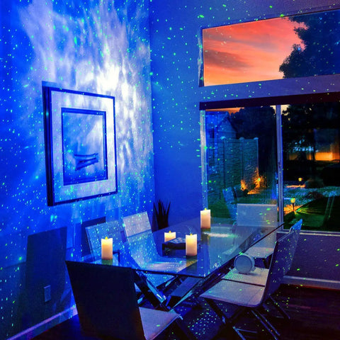 Sky Lite LED Laser Star Projector With Green Stars And Blue Nebula Cloud for vibrant dining room ambiance.