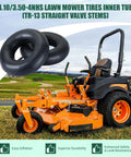 Two Pack Heavy Duty 4.10/3.50-4 Inner Tubes With TR-13 Valve displayed with a lawn mower in a field