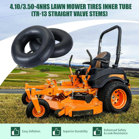 Two Pack Heavy Duty 4.10/3.50-4 Inner Tubes With TR-13 Valve displayed with a lawn mower in a field