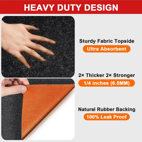 Close-up of Oil Spill Mat For Garage Floor 64x32 Inches showing absorbent fabric topside and orange rubber backing, heavy-duty design.