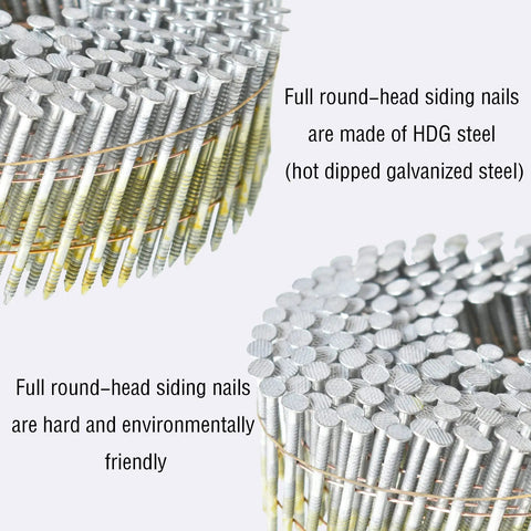Close-up of Built Tough Pro Grade Wire Coil Siding Nails 2-1/4 X 0.092 Ring Shank 15 Degree Full Round Head 3600 Count HDG