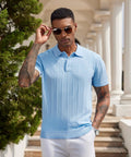 Man wearing Mens Knit Polo Shirt Short Sleeve Golf Polo With Classic Fit Lightweight Textured Knit Ribbed Hem in Light Blue outdoors