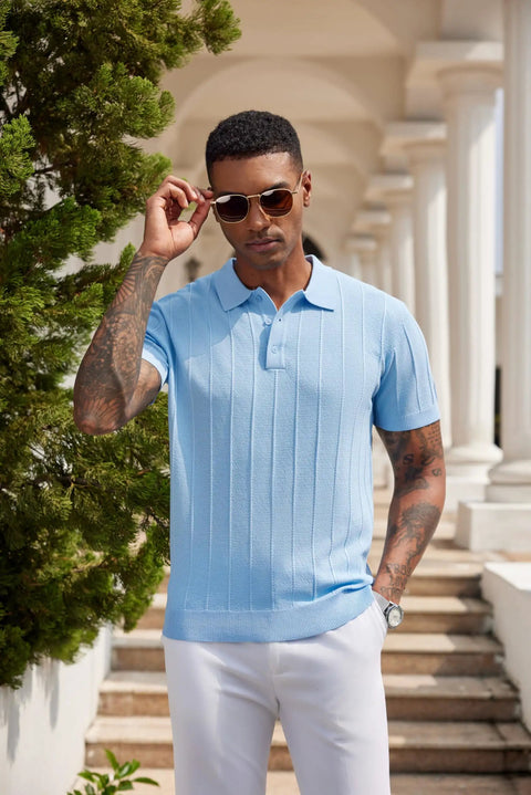 Man wearing Mens Knit Polo Shirt Short Sleeve Golf Polo With Classic Fit Lightweight Textured Knit Ribbed Hem in Light Blue outdoors