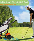 Smooth Operator Auto Follow Electric Golf Push Cart With Smart Remote App Controls and Built In Cup Phone Umbrella Slots All Terrain Trolley For Weekend Warriors On The Green on a sunny golf course.