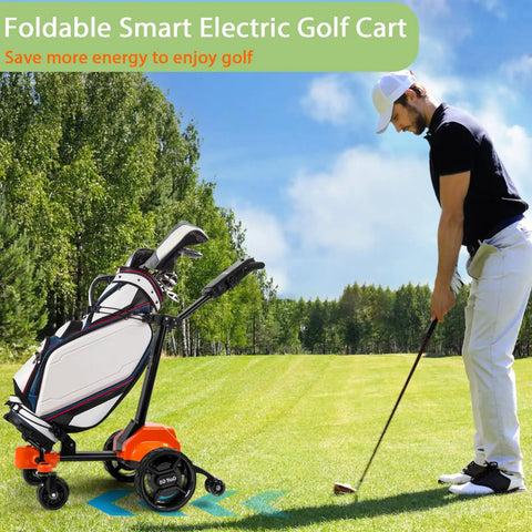Smooth Operator Auto Follow Electric Golf Push Cart With Smart Remote App Controls and Built In Cup Phone Umbrella Slots All Terrain Trolley For Weekend Warriors On The Green on a sunny golf course.