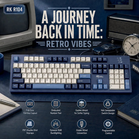 Full Size Gasket Mount Mechanical Keyboard With Wired Usb And Built In Windows Mac Switch Giving You A Smooth Typing Vibe That Truly Slaps For Heavy Productivity And Late Gaming Sessions on a desk with a retro aesthetic.