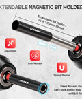 Extendable magnetic bit holders showing strong magnet and anti-wobble features, part of the 14 Piece Impact Socket Adapter Kit With Quick Release Extensions, Magnetic Drill Bit Extensions, And Swivel Joints, All In One Right Angle Drill Attachments For Power Drill And Impact Driver, Includes 1/4 Inch 3/8 Inch And 1/2 Inch Square Drive Adapters.