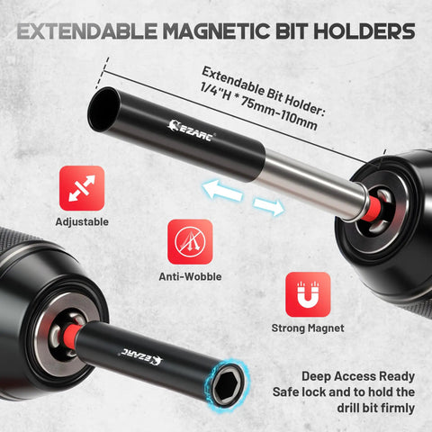 Extendable magnetic bit holders showing strong magnet and anti-wobble features, part of the 14 Piece Impact Socket Adapter Kit With Quick Release Extensions, Magnetic Drill Bit Extensions, And Swivel Joints, All In One Right Angle Drill Attachments For Power Drill And Impact Driver, Includes 1/4 Inch 3/8 Inch And 1/2 Inch Square Drive Adapters.