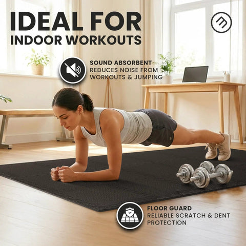 Woman doing planks on 18 Piece EVA Interlocking Foam Floor Tiles Gym Mat Set in home workout space with dumbbells on mat.