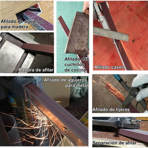 Various sharpening methods demonstrated using different tools for wood and metal, including knives and scissors.