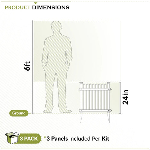 Diagram showing dimensions of Dog Safe Garden Fence Kit 2ft High 2ft Wide Three Panels White Vinyl Picket Fence Border.
