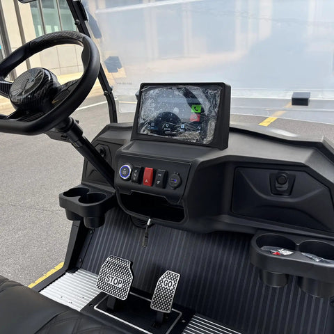 Top Notch Four Passenger Electric Golf Cart With One Touch Start And 48V 150Ah Lithium Battery dashboard with touchscreen and controls.