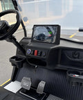 Interior view of Heavy Duty Electric Golf Cart With 2 Plus 2 Kickback Seats And Foldable Rear Haulin Bench Includes Led Lighting 48V Lithium Battery USB Charge Ports digital dash display.