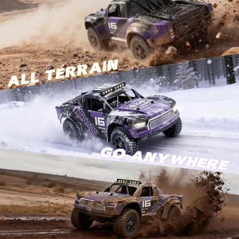 Beast 1 To 16 Scale 4x4 Off Road Monster Truck RC Car tackling rough terrains in purple, showcasing full metal drivetrain