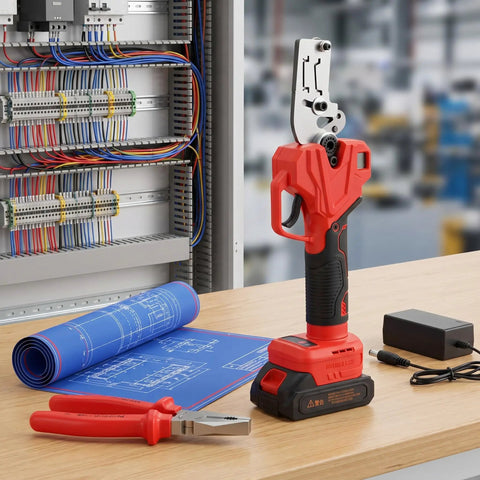 Rechargeable Electric DIN Rail Cutter Tool With Double Groove For 35mm Wide And 7.5mm High Aluminum And Steel Rails Portable Pro Grade Cutter For Clean Fast Professional Cuts next to electrical panel