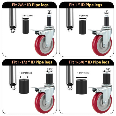 Hella Tough 5 Inch Expanding Stem Caster Wheels Set of 4 with Brakes for Heavy-Duty Worktables fitting 7/8 to 1-5/8 inch ID pipe legs.