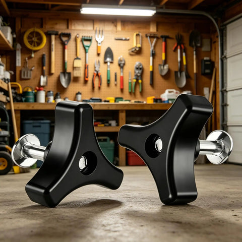 Upgrade Your Ride With These Tough Laqusie Two Piece Screw And Knob Bolts For Lawn Mower Handles Featuring No Tools Needed Universal Fit For Push And Riding Tractors To Fix Worn Grip And Boost Stability Instantly With Durable Steel Build Today. Black steel mower handle bolt knob kit in garage