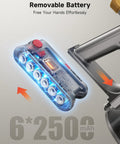 Side view of AIPOWAY cordless stick vacuum showing removable battery module and 6‑cell pack