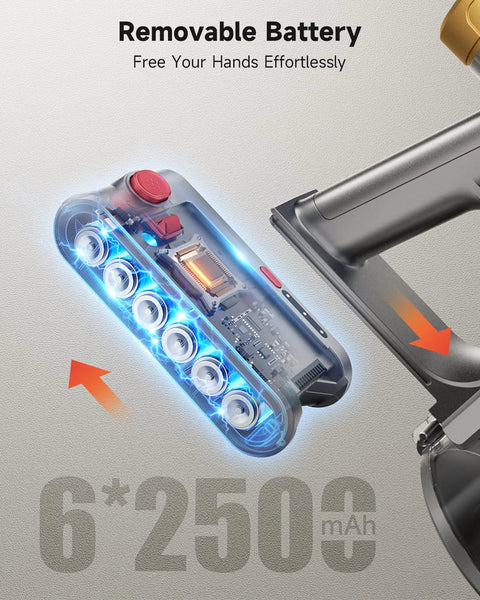 Side view of AIPOWAY cordless stick vacuum showing removable battery module and 6‑cell pack