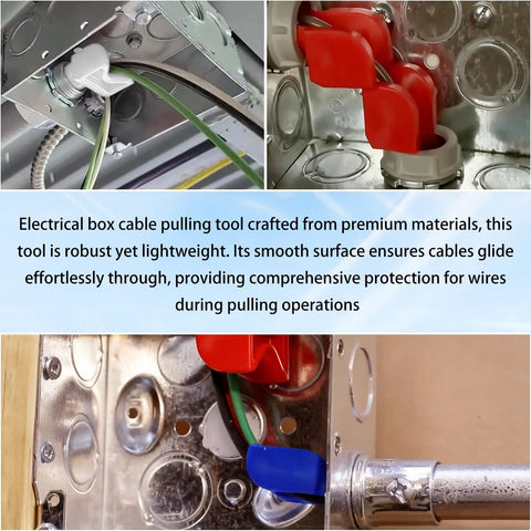 Heavy Duty Conduit Wire Pulling Tool Set With 1/2, 3/4, And 1 Inch Cable Guides, showing cables protected in an electrical box.