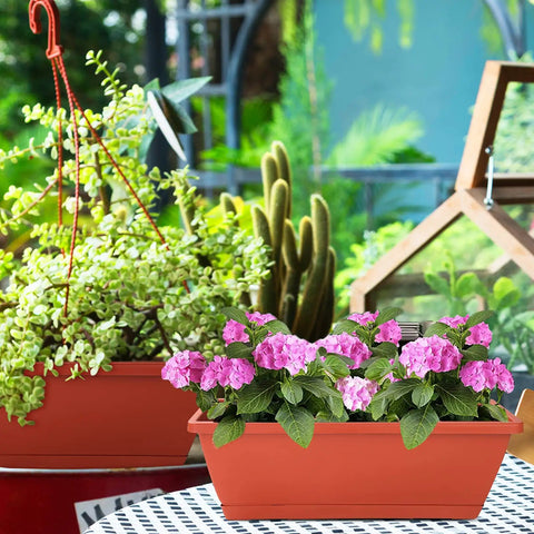 7 Pack Window Box Planters, 17 Inch Rectangular Plastic Flower Pots With Saucers For Indoor Outdoor Garden, patio display
