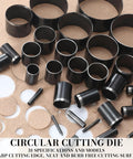 Circular cutting die set with 31 steel punch dies for DIY projects, featuring sharp cutting edges and various sizes on display.