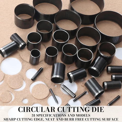 Circular cutting die set with 31 steel punch dies for DIY projects, featuring sharp cutting edges and various sizes on display.