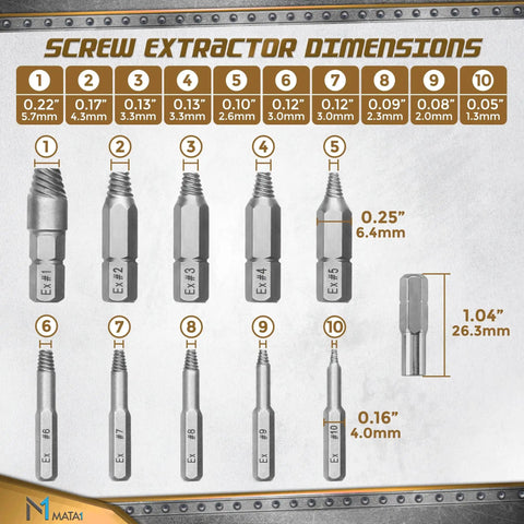 22 Piece Pro Grade Screw Extractor Set with dimensions for each extractor, featuring sizes from 0.05" to 0.22" and lengths.