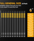 Heavy-Duty 14-Piece Long Torx Bit Set With 6-Inch Reach, T7 Through T40, Tamper-Proof Star Bits on black background