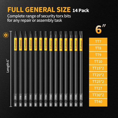 Heavy-Duty 14-Piece Long Torx Bit Set With 6-Inch Reach, T7 Through T40, Tamper-Proof Star Bits on black background