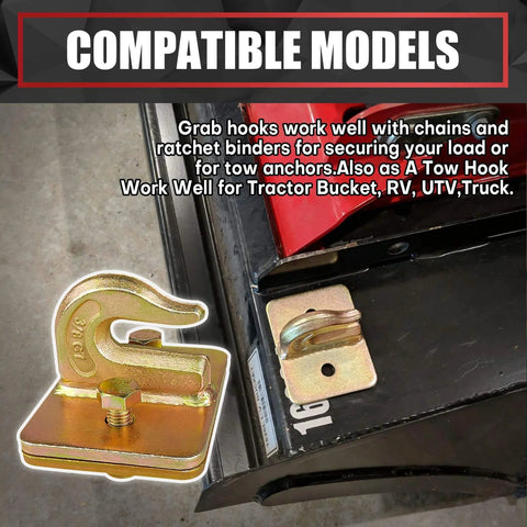 Two Pack Grade 70 Forged Steel Three Eighths Inch Tractor Bucket Grab Hooks with Backer Plate shown installed