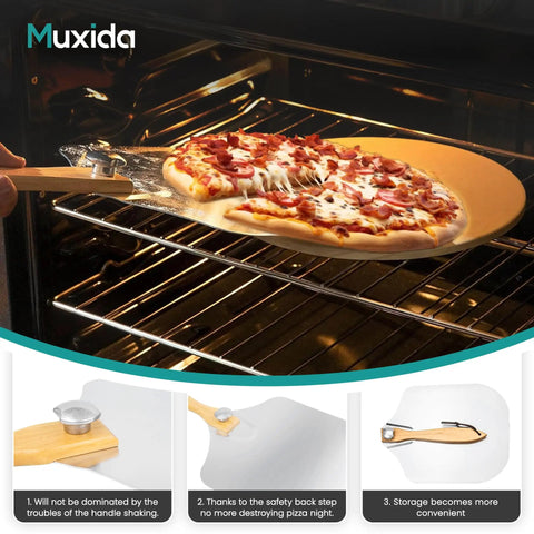 Aluminum Pizza Peel And Rocker Cutter Set 12 By 14 Inch With Foldable Wooden Handle Lightweight Stainless Steel Finish Pizza Paddle For Oven And Outdoor Pizza Maker No Fuss Sliding And Lifting Includes Storage Bag in use with a pizza in the oven.