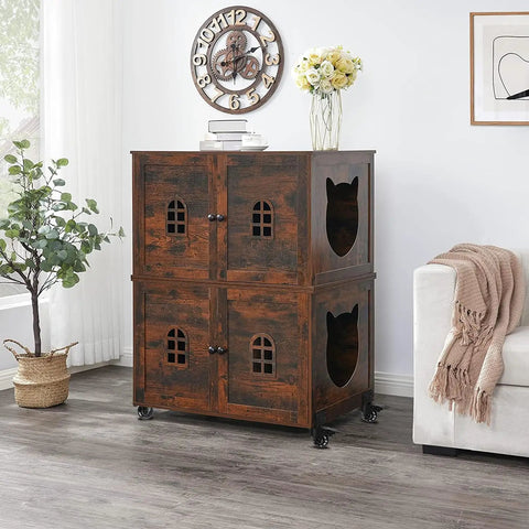 Rustic wooden cabinet with decorative cat windows and rolling caster wheels, placed in a modern living room setting.
