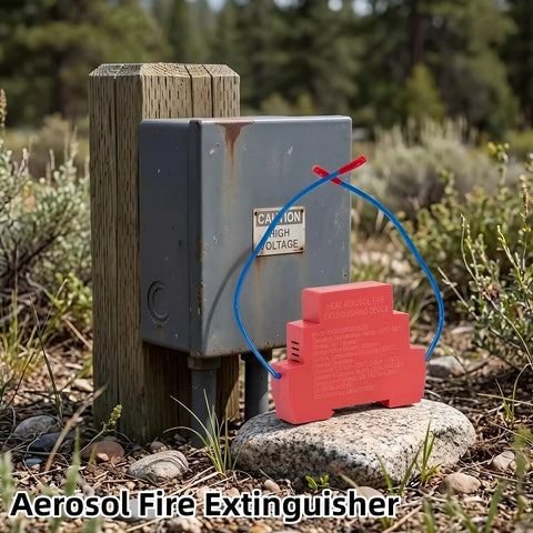 Rock Solid Automatic Aerosol Fire Extinguisher With Advanced Heat Sensor and Quick Flame Detector Tech mounted near high voltage box.