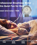 Portable Clip On Fan With Remote and Timer beside sleeping child, showing soft ambient light and noise level chart up to 60db.