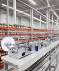Semi Automatic Round Bottle Labeling Machine Fits 20 To 120 Mm Diameter High Speed Label Applicator in a busy production line.