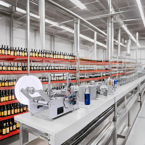 Semi Automatic Round Bottle Labeling Machine Fits 20 To 120 Mm Diameter High Speed Label Applicator in a busy production line.