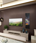 Vertical Slatwall Art Panel 12 By 40 Inches With Mesmerizing Deep Space Stars Graphic installed in a living room setup