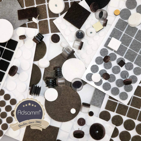 Heavy Duty Self Adhesive Felt Pads 880 Pack Brown Round Square showing various sizes and shapes of felt furniture glides.