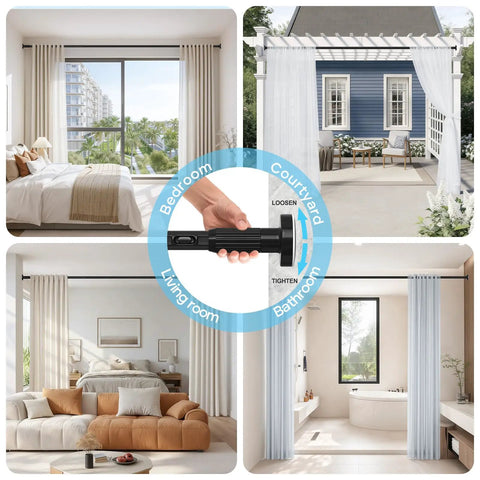 Two Pack Tension Curtain Rods 41 To 126 Inches Adjustable No Drilling Easy Install Outdoor Black Curtain Rods for patios and windows.