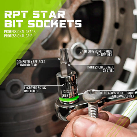 Bi-Directional RPT Star Driver Set, 9 Piece, T6 Through T40, One Quarter Inch Drive, S2 Steel Construction with socket in use.