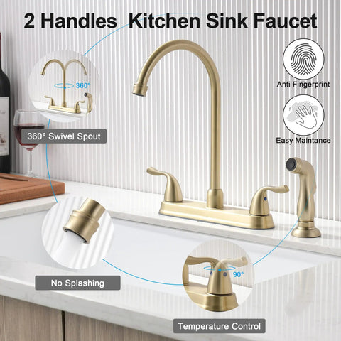 Gold Kitchen Faucet With Side Sprayer And High Pressure Sprayer 8 Inch High Arc 360 Degree Rotating Spout Centerset RV Sink Faucet