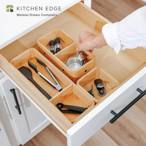 Modular Bamboo Drawer Organizer Set with Magnetic Containers and Removable Inserts in kitchen drawer, 9 x 13.5 x 2.4 inches