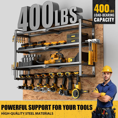 Large Power Tool Organizer Wall Mount 4 Tier Heavy Duty Metal Storage Rack Holds 400lbs With 8 Cordless Drill Holders