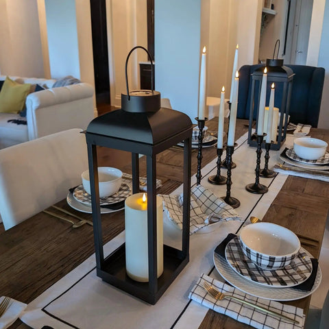 Huge Outdoor Solar Powered LED Candle Lantern 18 Inch Tall Open Frame Black Metal on dining table indoors