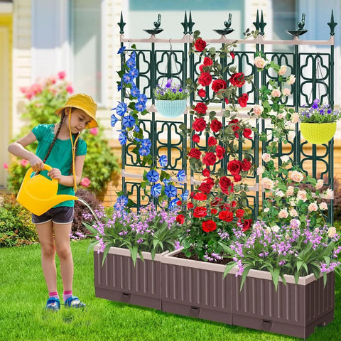 Raised Garden Bed Planter Box With Trellis 61.4 Inch Self Watering System For Climbing Plants in outdoor setup with flowers.