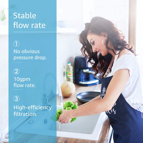 Woman washing lettuce under stable flow rate faucet, highlighting filtration features. Text: 'Stable flow rate', 'No pressure drop'