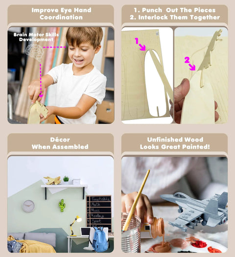 Child assembling F18 Hornet 3D Puzzle Airplane Model Kit For Kids And Adults Wood Building Craft With 47 Pieces Paint Assemble Educational Flight Model Realistic Fighter Jet Design Perfect Hands On Project For STEM Fun