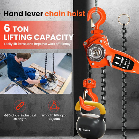 6 Ton Manual Lever Chain Hoist With 20 Ft Lift Height Heavy Duty Come Along Winch dual pawl brake in use lifting a heavy object