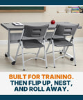 Pro Grade Nesting Flip Top Training Table With Blow Molded 1.75 Inch Thick Surface, Steel Frame, and two chairs